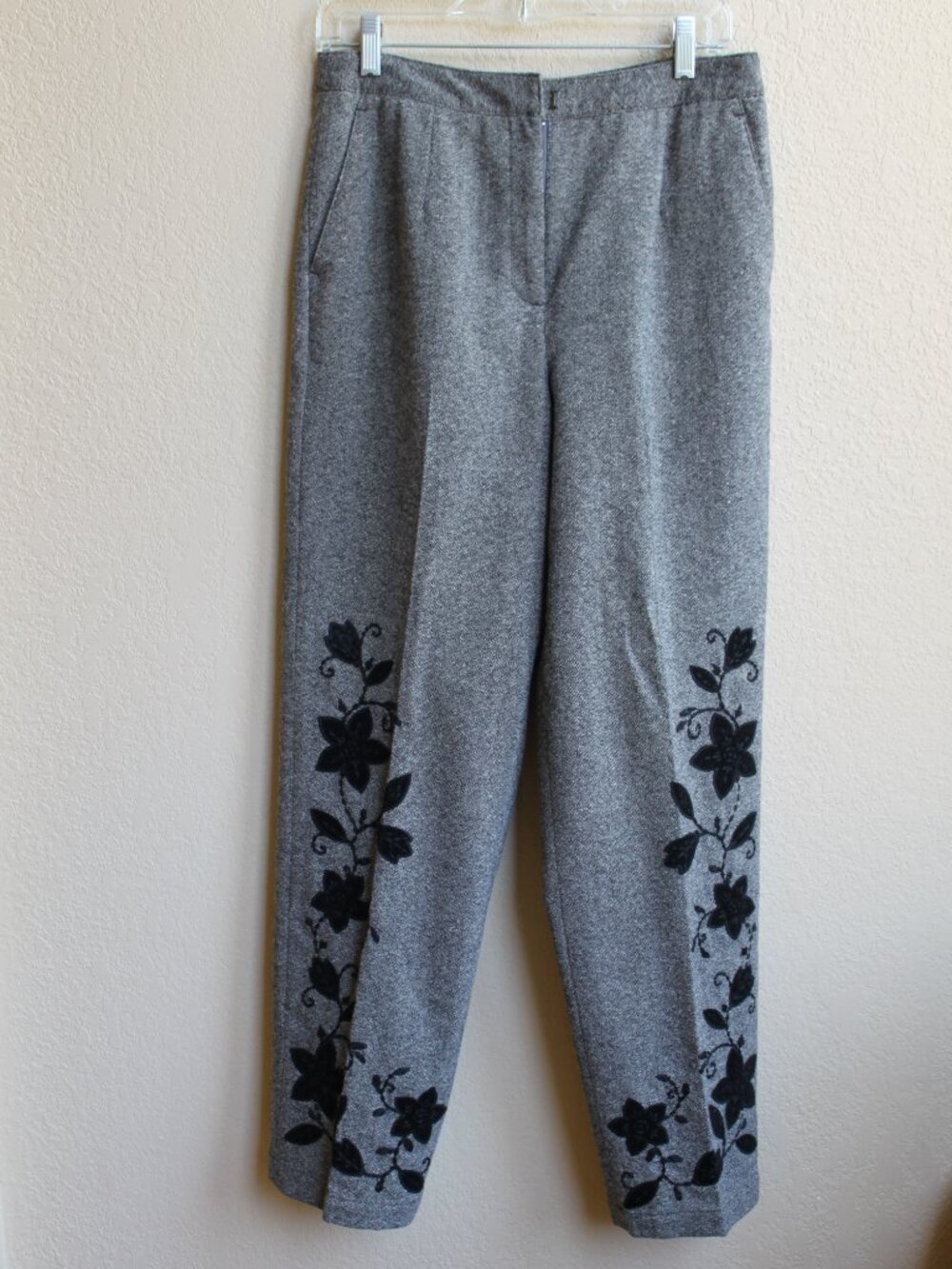 Talbots Vintage Y2K Black Wool Tweed Pants Velvet Flower Embroidery 10